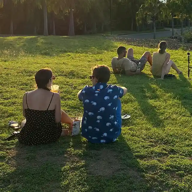 Four children sitting on a grassy lawn at golden hour, seen from behind, chatting and playing with toys.