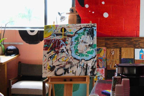 Colorful abstract painting displayed on an easel in the art studio