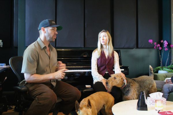 Group session with a facilitator, participant and two therapy dogs