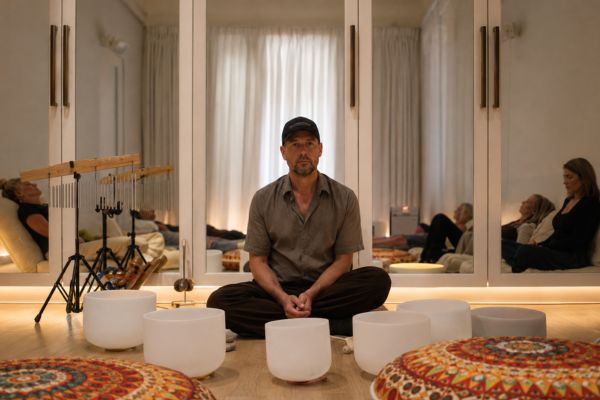 Facilitator leading a group sound therapy session with singing bowls